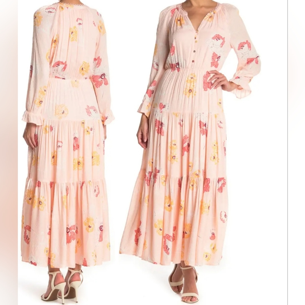 DR2 Floral PrintTiered Loop Maxi Dress Size Medium